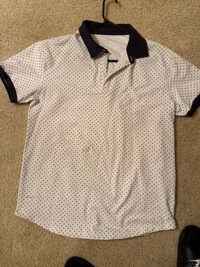 BYLT Basics White Polo with Navy Dot Pattern and Navy Trim